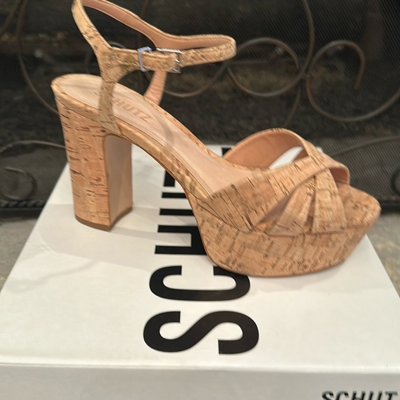 SCHUTZ Tan Platform Heels with Chunky Cork Heel - Picture 7 of 16